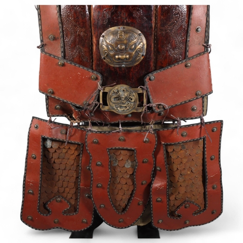 858 - A suit of Japanese armour, brass metal and simulated leather