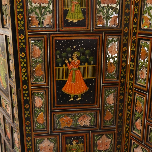 859 - An Indian 4-fold screen, with carved and pierced panels and hand painted portraits, overall height 1... 