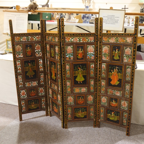 859 - An Indian 4-fold screen, with carved and pierced panels and hand painted portraits, overall height 1... 