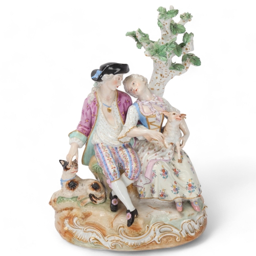 860 - 19th century Meissen porcelain group, depicting a couple under a tree, height 25cm