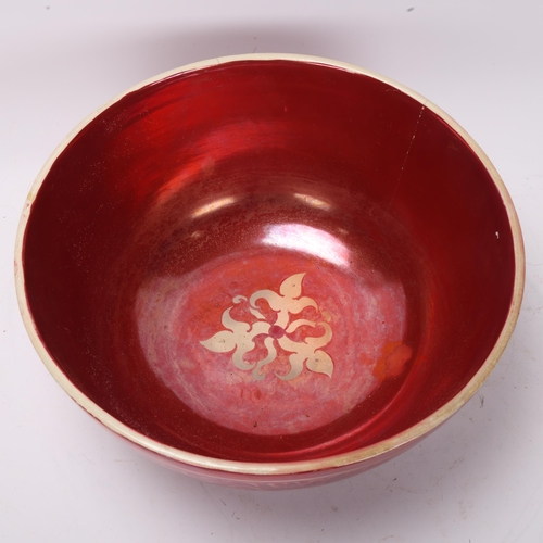 861 - Attributed to William de Morgan, large 19th century red lustre glaze bowl, with painted scrolling le... 