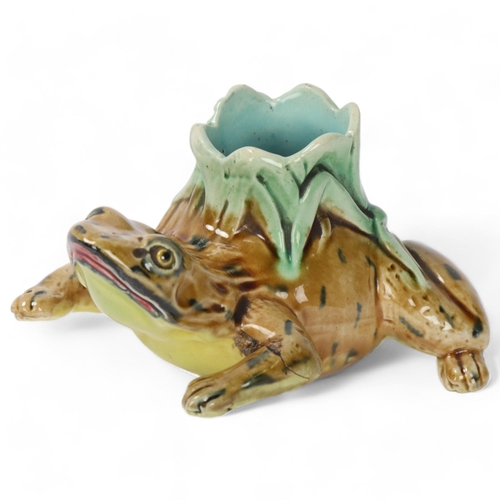 867 - A 19th century Majolica pottery frog design toothpick stand, length 9cm