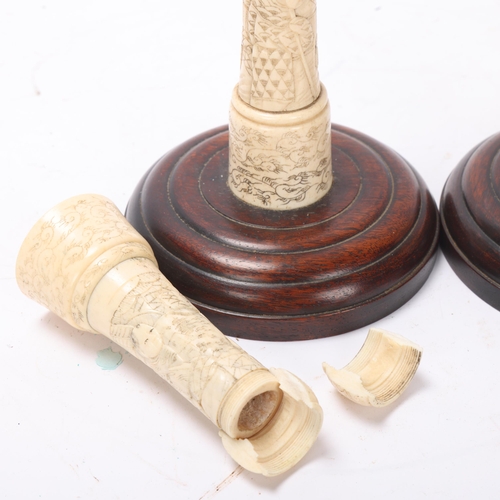 874 - Pair of 19th century Japanese bone multi-section candlesticks on wood bases, height 40cm, 1 A/F