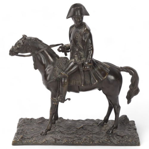 876 - Napoleon Bonaparte on horseback, 19th century bronze sculpture, unsigned, height 24cm, base length 2... 