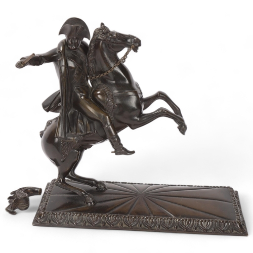 879 - Napoleon Bonaparte on horseback, 19th century bronze sculpture, unsigned, base length 27cm