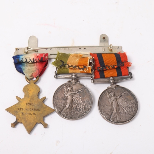 881 - A group of 3 South Africa and Great War medals to 2740 Pte M Caine, West Riding Regiment, comprising... 