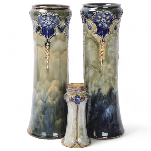 884 - Pair of Royal Doulton stoneware cylinder vases, height 33cm, and Art Nouveau Doulton vase with silve... 