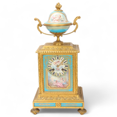 888 - A fine 19th century gilt-bronze and porcelain 8-day mantel clock, with hand painted panels depicting... 