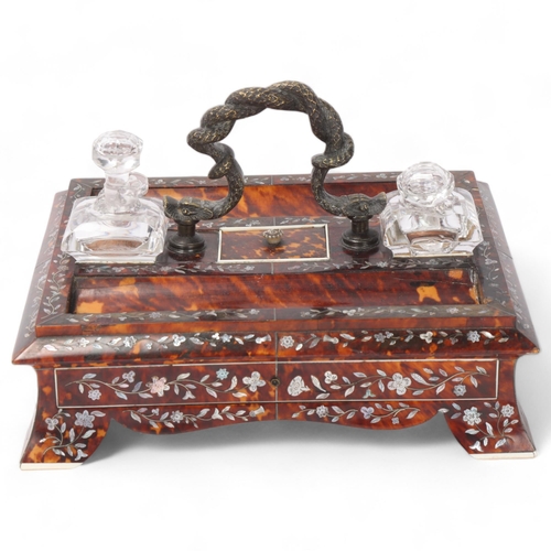 889 - A Victorian tortoiseshell desk stand, with bronze serpent handle, inlaid mother-of-pearl and silver ... 