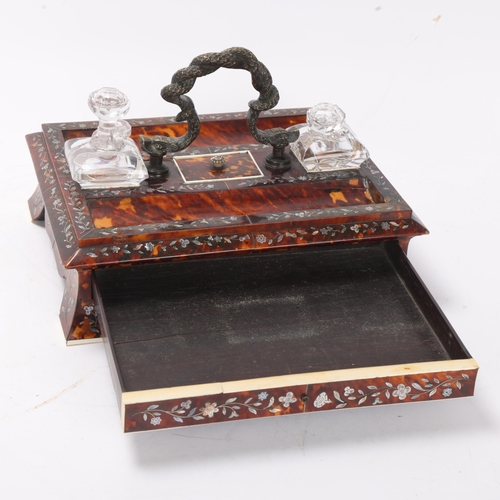 889 - A Victorian tortoiseshell desk stand, with bronze serpent handle, inlaid mother-of-pearl and silver ... 