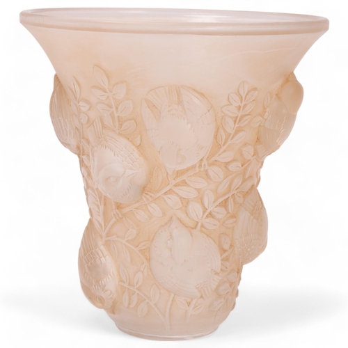 722 - **CONDITION REPORT CHANGE** Rene Lalique St Francois opaque glass vase, circa 1930, with relief bird... 