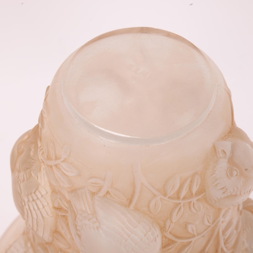 722 - **CONDITION REPORT CHANGE** Rene Lalique St Francois opaque glass vase, circa 1930, with relief bird... 