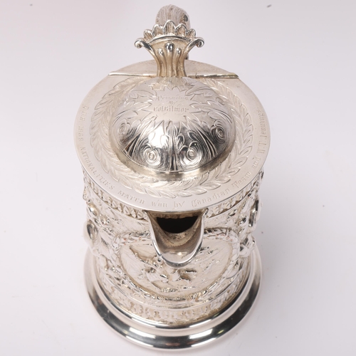 723 - CANADIAN MILITARY INTEREST - 19th century electroplate lidded trophy, decorated with relief cavalry ... 