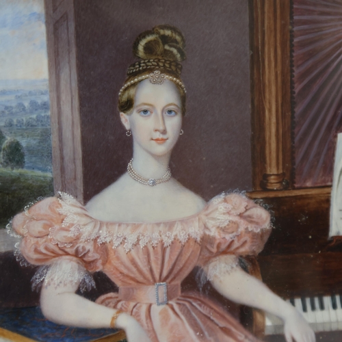 724 - William Hudson, portrait of a young woman seated at a piano, miniature watercolour on ivorine, signe... 