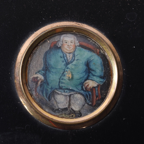 728 - Miniature portrait of a fat man in a chair, watercolour on card, unsigned, in original lacquer frame... 