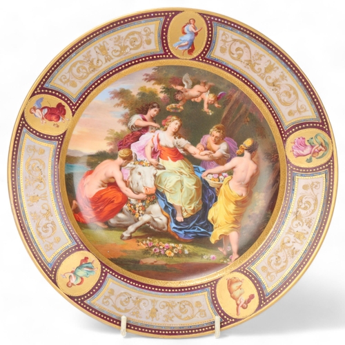 738 - A Vienna porcelain plate depicting Europa and the Bull, in gilded panelled border, diameter 24cm