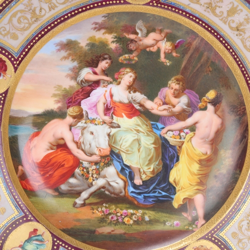 738 - A Vienna porcelain plate depicting Europa and the Bull, in gilded panelled border, diameter 24cm