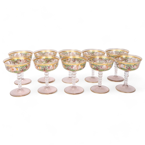 747 - **DESCRIPTION CHANGE** A set of 10 *Venetian/Bohemian* Champagne glasses, with hand painted enamel a... 