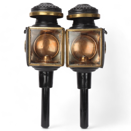 748 - A pair of 19th century brass-mounted coach lamps, with bevel-glass panels, height 45cm