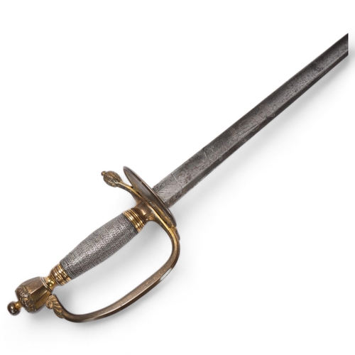 749 - A Georgian sword with silver-bound gilt-brass hilt, folding guard and engraved blade with GR cipher,... 