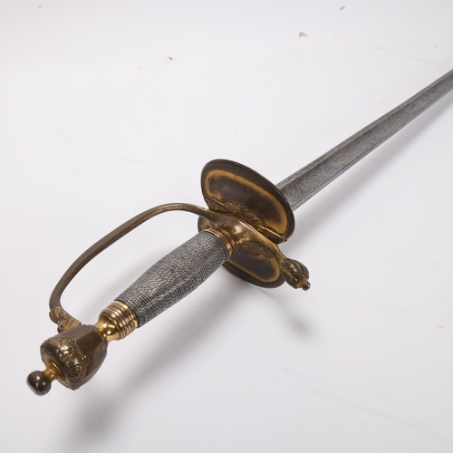 749 - A Georgian sword with silver-bound gilt-brass hilt, folding guard and engraved blade with GR cipher,... 