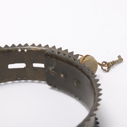 752 - Antique brass dog collar with serrated edge, engraved Howard Esq Lower Close Norwich, complete with ... 