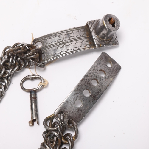 753 - An Antique steel curb link dog collar, with panel engraved James Brook Biddenden, complete with key,... 