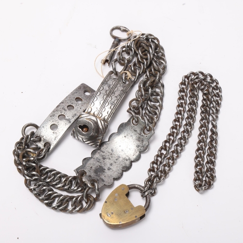 753 - An Antique steel curb link dog collar, with panel engraved James Brook Biddenden, complete with key,... 