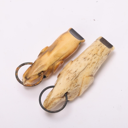 756 - 2 x 19th century carved bone dog-head design whistles, largest 7cm (2)