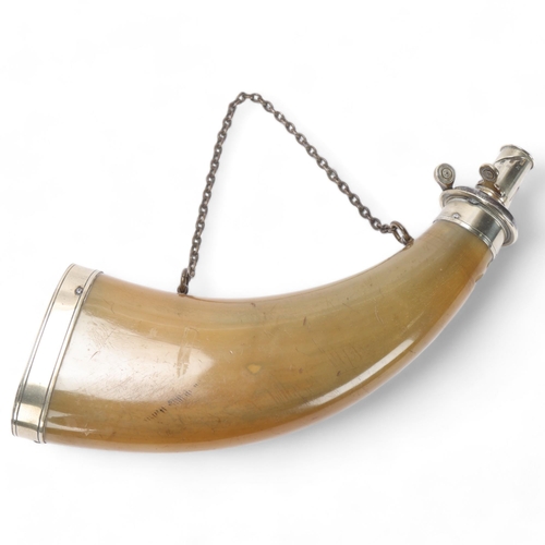 759 - A 19th century buffalo horn powder flask with nickel plate mounts, length 26cm