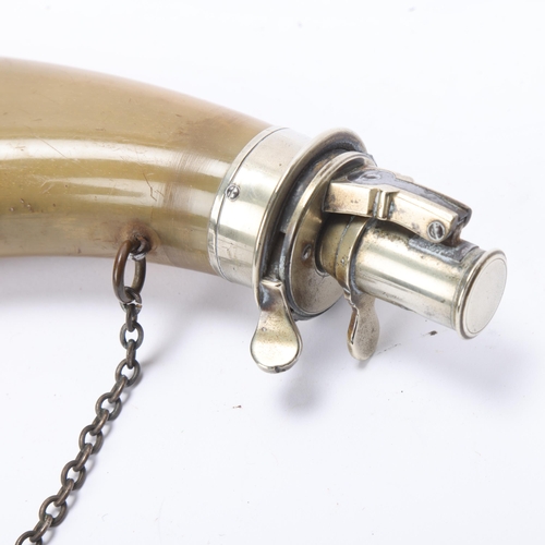 759 - A 19th century buffalo horn powder flask with nickel plate mounts, length 26cm