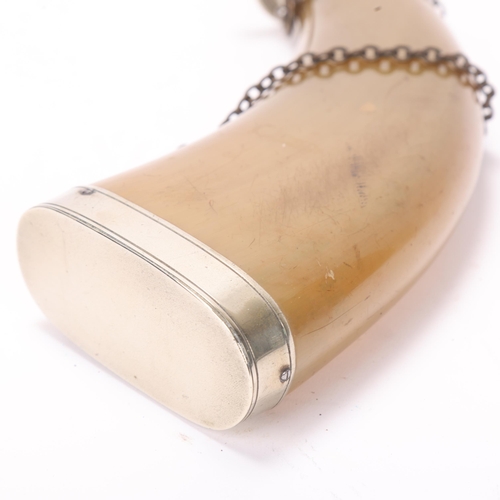 759 - A 19th century buffalo horn powder flask with nickel plate mounts, length 26cm