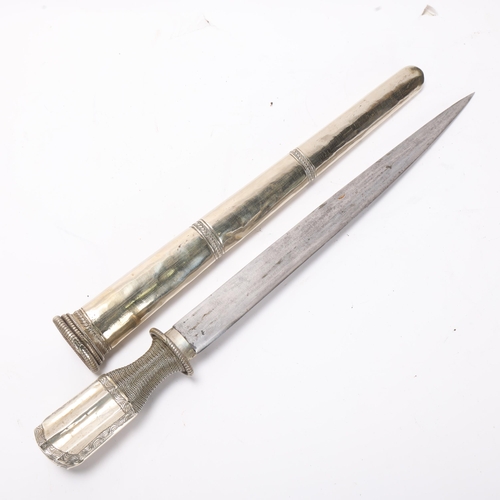 760 - An Indian Sikkim white metal dagger and sheath, 18th-19th century, length 42.5cm, unmarked