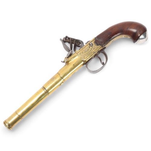 761 - An 18th century brass cannon barrel flintlock pistol, by Clarke of Cheapside London, serial no. 102,... 