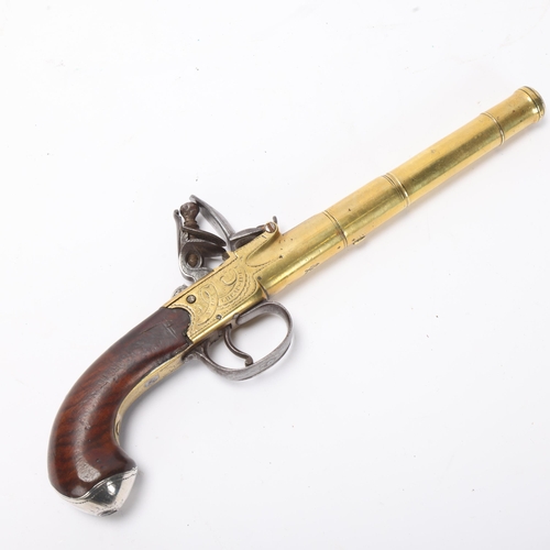 761 - An 18th century brass cannon barrel flintlock pistol, by Clarke of Cheapside London, serial no. 102,... 