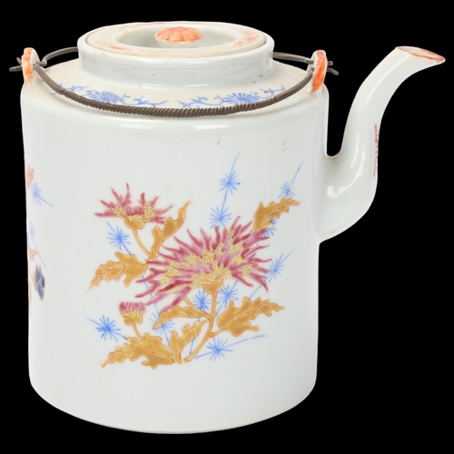 783 - A Chinese white glaze porcelain cylindrical teapot, with painted and gilded enamel flowers, 6 charac... 