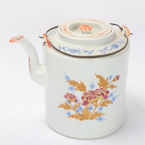 783 - A Chinese white glaze porcelain cylindrical teapot, with painted and gilded enamel flowers, 6 charac... 