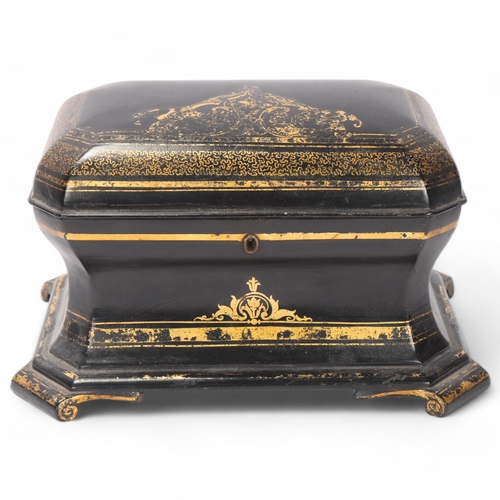 792 - A Victorian gilded papier mache sarcophagus-shaped tea caddy, with inner lids