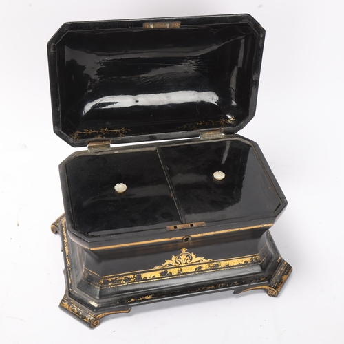 792 - A Victorian gilded papier mache sarcophagus-shaped tea caddy, with inner lids