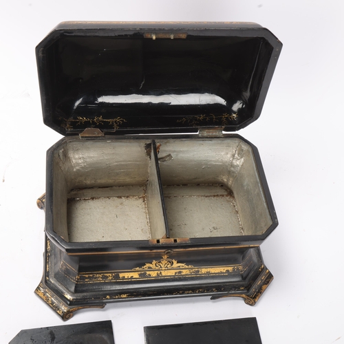 792 - A Victorian gilded papier mache sarcophagus-shaped tea caddy, with inner lids