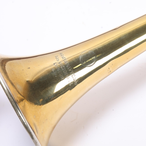 797 - A brass coaching horn, by Army & Navy of London, length 145cm, in leather holder