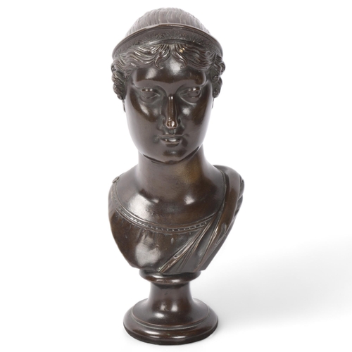 800 - Early 19th century patinated bronze bust of a Greek Goddess, unsigned, on marble base, height 28cm