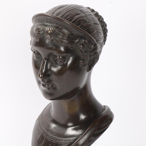 800 - Early 19th century patinated bronze bust of a Greek Goddess, unsigned, on marble base, height 28cm