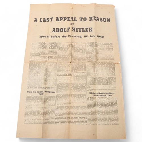 810 - A Last Appeal To Reason by Adolf Hitler, original Second World War Period propaganda paper, dropped ... 