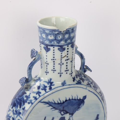 814 - A Chinese blue and white porcelain moon-shaped flask, with sceptre neck handles and painted panels, ... 