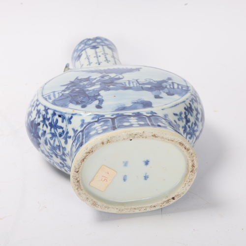 814 - A Chinese blue and white porcelain moon-shaped flask, with sceptre neck handles and painted panels, ... 