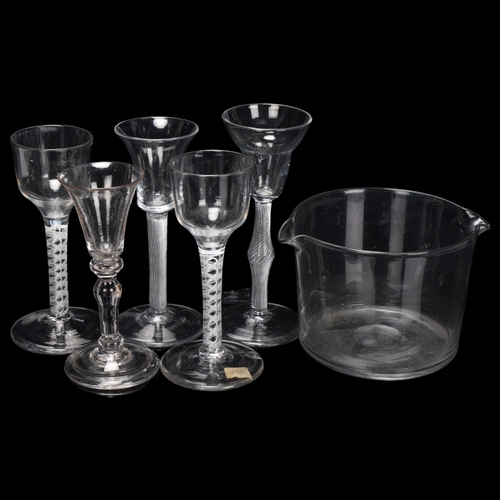 818 - 5 Antique cordial glasses, 4 with spiral twist stems, together with a Georgian glass rinser (6)