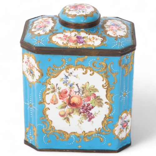 820 - An 18th century Battersea Enamel tea caddy of canted rectangular form, with hand painted panels depi... 