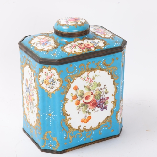 820 - An 18th century Battersea Enamel tea caddy of canted rectangular form, with hand painted panels depi... 