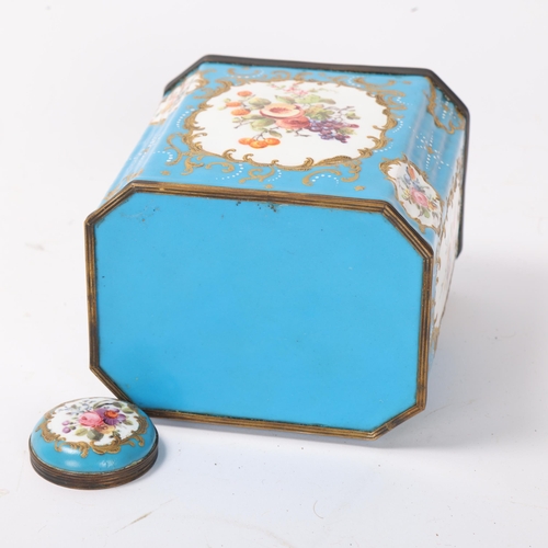 820 - An 18th century Battersea Enamel tea caddy of canted rectangular form, with hand painted panels depi... 